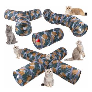 ER52858 พับเก็บได้ พิมพ์ช่องแมว โพลีเอสเตอร์ สาม/สี่ทาง อุโมงค์ crinkle สัตว์เลี้ยง ลูกแมวเล่นหลอดเจาะบาร์เรล ท่ออุโมงค์แมว หลอดกระต่ายสำหรับเล่น การฝึกอบรมการซ่อนตัว