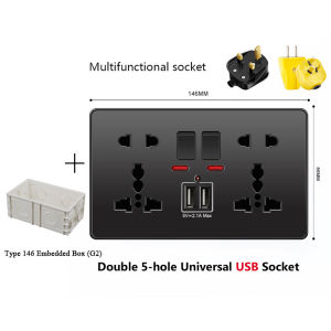 LSG Universal Wall Socket With switch Black PC Panel 13A 250V Multifunctional Electrical Outlet 86/146 Type Single Or Double 5 Holes USB socket adapter 2.1A with junction box set