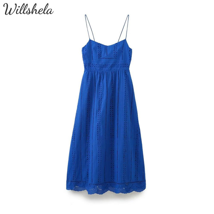 Willshela Women Fashion Plain Blue Embroidery Cotton Midi Camisole ...