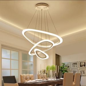 3 Rings Tri Color Pendant Lamp Ceiling Light Rings Circle Chandelier Loft Decorations Modern Pendant Lamps LED Ceiling Lights Modern Design Chandelier Ceiling Light Sala Chandeliers For Living Room 60W Adjustable Height With Remote Control Dining Lights