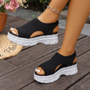 [Free Shipping] Plus Size Knitted Peep-Toe Wedge Sandals for Women Platform Thick-Soled High-Heeled Roman Sandals for Outdoor Wear