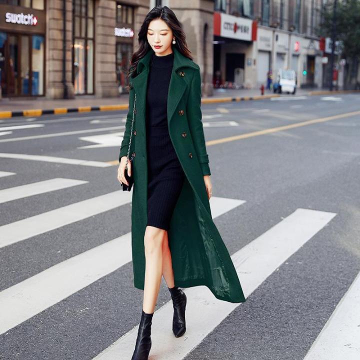 green coat thick wool coat womens Green Wool Thick Wool Coat Womens Dark Green Woolen Coat Women Long Over  Knee Thick Windbreaker