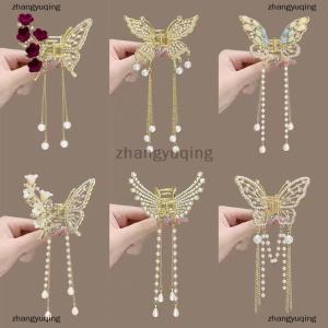 [COD] zhangyuqing Exquisite Rhinestone Butterfly Fringe Hair Claw Clips Korean New Ponytail Braid Hairpin Girl Crab Metal Headdress Gift