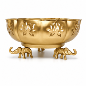 Traditional Metal Elephant Stand Urli Bowl with Lotus Cutwork | Decorative Pooja & Floating Flower Bowl (Pack of 1 Pc | Size - 10 Inches)