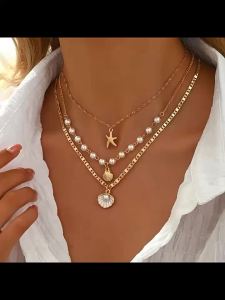 AE European and American jewelry minimalist starfish shell pendant necklace Vacation-style pearl collarbone necklace for women