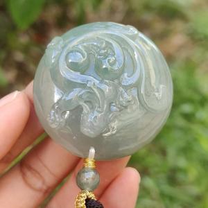Premium Quality Light Green Natural Type A Jadeite Jade Pendant Necklace crafted with Old School Style Dragon certificate included weigh 29.48 grams measurement 42 * 42 * 11 (pendant174)