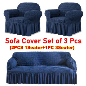 Sofa Cover Set of 3 PCS(2PCS Single Seater and 1PC 3 Seater)Elastic Seersucker Sofa Seat Cover With Lace Skirt Modern Slipcover