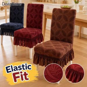 DewyBabe Chair Seat Cover Jacquard Leaf Pattern Elastic Fully Wrapped Anti Slip Polyester Dining Chair