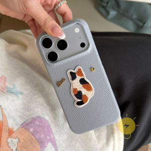 For iPhone 17 Pro Max Case TPU Cat Heart Embroidery PU Phone Case For Plus Mini 16e 16 15 14 13 12 11 Cover Aesthetic Korean Cute