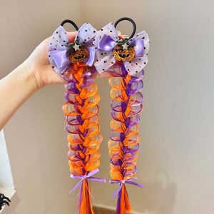 SIRENXI 2Pcs Glitter Halloween Fashion Hair Ties Butterfly Spooky Halloween Dress-Up Wig Fun Accessory Bow Ponytail Hair Bands Kids