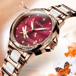 OLEVS 6610 Mechanical Fashion Women Watch Gift Round-dial Ceramic Watchband Wristwatch Calendar Luminous