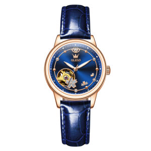 OLEVS 6732 Mechanical Fashion Women Watch Gift Genuine Leather Watchband Round-dial Wristwatch Luminous