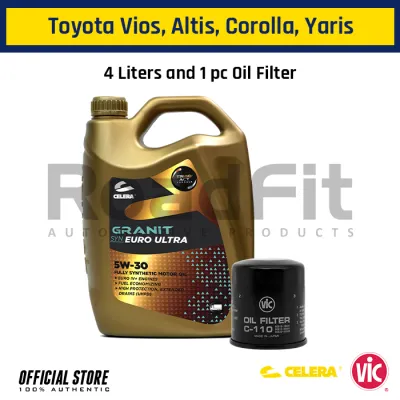 Toyota Vios Altis Corolla Yaris Change Oil Package CELERA Granit SYN Euro Ultra 5W30 Fully Synthetic Gasoline/Diesel Engine Oil 4Liters JT00508 VIC Oil Filter C-110 PACK8-TY