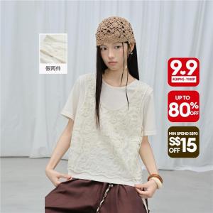 Giordano Women Fake two-piece embroidered loose tee Free Shipping 18326225