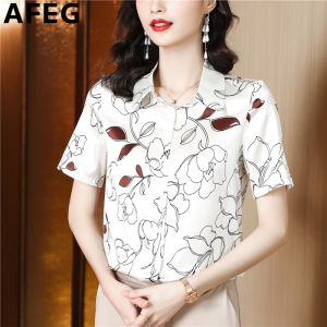 AFEG new Korean style shirt collar fashion loose all-match temperament silk print short-sleeved blouse for women