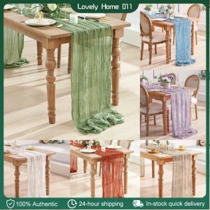 90*300cm Cheesecloth Table Runner Pink Ivory Gauze Tablecloth Semi-Sheer Crinkle Wedding Decor