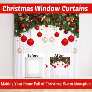 Christmas Curtain with Printed Bells Wind Chimes Holiday Window Drapes for Living Room Decor HD Pattern Festive Home Decoration