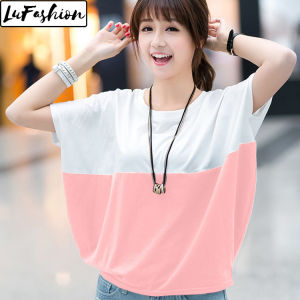 LuFashion Blouse Women Casual Tops Loose Plus Size Color Patchwork Short Sleeve Korean Shirt Summer