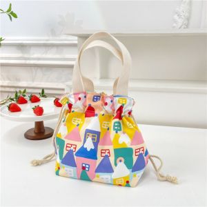 MMLUCK lunch bag for kids lunch bag insulated thermal lunchbag for adult Flower Drawstring Bag Cartoon Print Knot Wrist Bag Cute Tote Bag Print Canvas Handbag Shopping