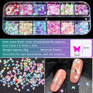 12 Grids Mixed Colors Nail Art Sequins Butterfly Shape Glitter 3D Nail Stickers Decal Decorations Nails Accessories