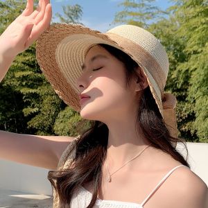 PENGA Portable Straw Weaving Beach Hat Hollow Out Foldable Big Brimmed Woven Cap Equestrian Hat Thin Bucket Hat Summer
