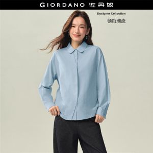 GIORDANO Women Shirts Asymmetric Placket 100% Cotton Shirts Long Sleeve Fashionable Casual Loose Shirts 18346728