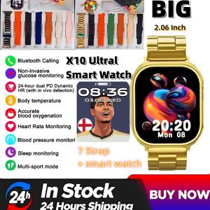 Original X10 Ultral 3 7+1 Gold Smart Watch Series 10 With 7 Strap Big 2.06 inch AMOLED Men Women Smartwatch Bluetooth Call Waterproof Sport Fitness For Android Phone