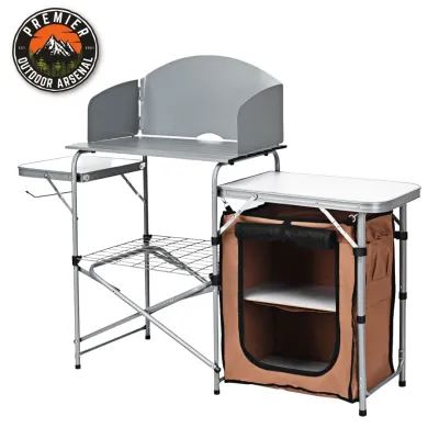 PREMIER OUTDOOR ARSENAL Aluminum Outdoor Portable Kitchen Folding Cooking Station Table with Storage Organizer Windscreen Hooks for BBQ Party Camping
