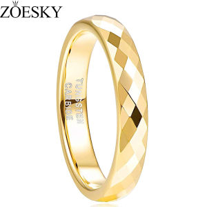 ZOESKY 4MM Tungsten Carbide Rings Faceted Edge Dome Polished Gold Wedding Band Comfort Fit for Women Size 4-12