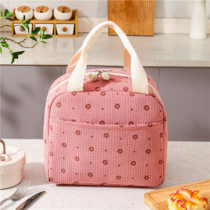 MLADEN Corduroy Insulated Lunch Bag Waterproof Color-blocked Handheld Bento Cooler Bag for Work and Picnic