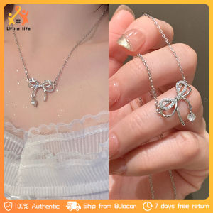 Women Elegant Bow Pendant Silver Necklace Color Shiny Zircon Bow Pendant Necklace Hypoallergenic Jewelry Valentine Gift for Girl