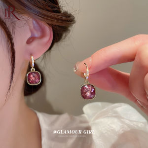 Frascati Korean Fashion Purple Square Pendant Rhinestone Hoop Earrings For Women Ladies Elegant Charm Jewelry Gift