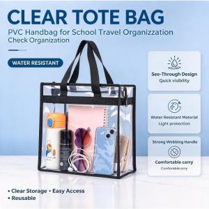 Clear PVC Tote Bag See-Through Handbag Water Resistant Organizer for School Travel Daily Use