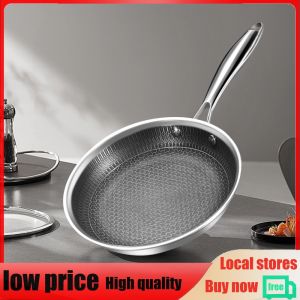304 Stainless Steel Frying Pan Non-Coated Large Deep Stir Wok Pan Non-Stick Single Sided Honeycomb Skillet Suitable for Fried Egg Steak