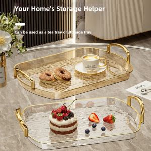 SVSAKZ168 Transparent Clear Luxury Tray Gold Rim Rectangular Decorative Tray Nordic Style Double Handles Dining Tea Serving Platter Home Decor