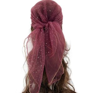 GENENIC Sparkle Hotfix Rhinestone Square Scarf Thin Sequin Sparkling Headwrap Elegant Hair Wrap Lace Shawl Headband Women Fashion