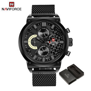 NAVIFORCE Men Watch Big Dial Fashion Casual Waterproof Watch Stainless Steel Double Calendar Original Quartz Mens Watch Black