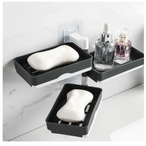 HW052- Rotating Soap Dish Holder Set 3Tier Square Plastic Wall-Mounted No-Drill Draining Soap Storage Racks for Bathroom
