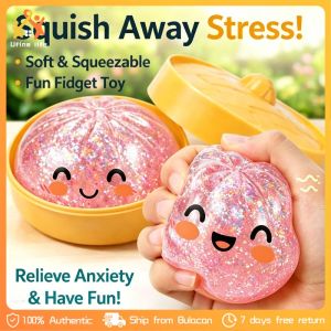 Pink Glitter Dumpling Squishy Toy Soft Bun Toy with Cute Expression and Steamer Box To Relieve Anxiety and Stress