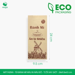 MFT1N2NN - 24x9.5x4.5 cm - 1000 Túi bánh mì Nâu in sẵn họa tiết CỐI XAY GIÓ - Bao bánh mì Túi giấy thực phẩm an toàn