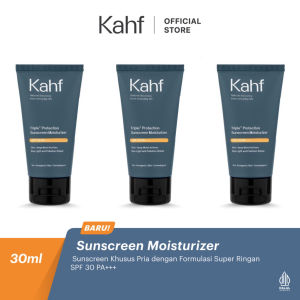 KAHF Triple+ Protection Sunscreen Moisturizer SPF 30 PA+++ Triple Pack Indonesia / Paket Sunblock Wajah Pria 30ml 3 Pcs / Skin Deep Moist Actives Blue Light And Pollution Shield / Pelembab Cream / Skincare Sun Care Man Cowok Series / Package Bundle Set