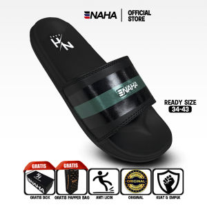 NAHA - Sandal Slop Karet Pria Wanita Strip 3 Hitam Distro Size 34-43