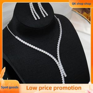 ✨QK shop✨ 2Pcs Simple Geometric Zircon Necklace Earrings Kit For Women Wedding Bride Jewelry Set Accessories Gift