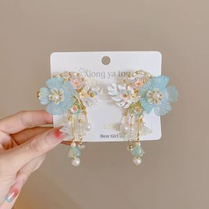 JJT Elegant Ancient Chinese Style Hair Clips for Kids with Floral Pearls and Tassels Perfect for Hanfu Outfits