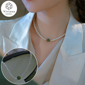 Viviann Original New Pearl Necklace Light Luxury Hetian Jade Sweater Chain Pendant Trend Elegant Jewelry Wedding Big Pearl Necklace For Women Fashion White Pearl Emerald Choker Necklace