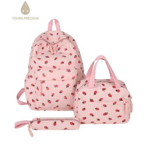 ชุดกระเป๋าสะพายสตรอเบอร์รี่ผ้าลูกฟูกหรูหราสำหรับผู้หญิงมีกระเป๋าใส่ข้าวกลางวันและกล่องดินสอสำหรับใส่ทำงานและการเดินทาง