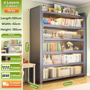 NINI Dustproof Storage Cabinet with PC Panel Door Multi Layer Organizer Shelf Bookcase Display Rack for Living Room Bedroom Office Furniture