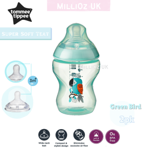 Tommee Tippee Closer to Nature Super Soft Teat Green Bird 9oz (260ml) Twin pack Feeding Bottles - Botol Susu