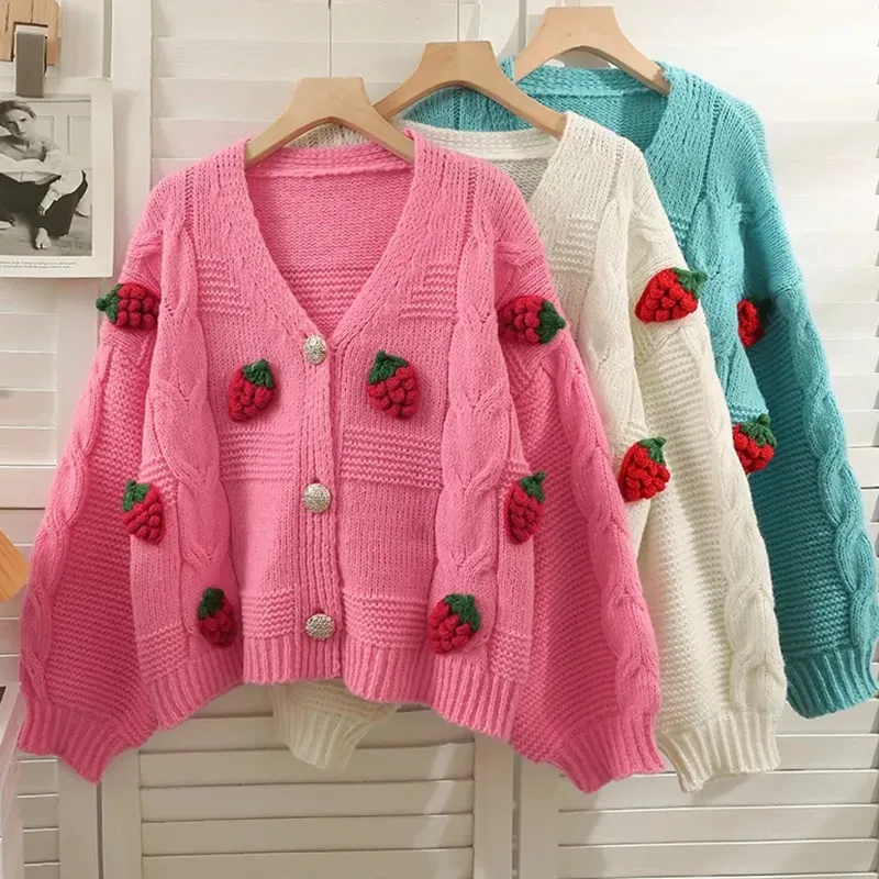 Korean Fashion Pink Strawberry Sweaters for Women Autumn Winter 2023 Long  Sleeve Knitted Woman Cardigan Single Breasted Jackets