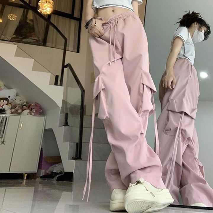 y2k Pink wide leg cargo pants for women oversized jazz dance Korean style  overalls